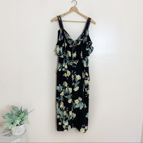 [JD Luxe] Black Yellow Floral Print Cold Shoulder Midi Dress - Picture 8 of 10
